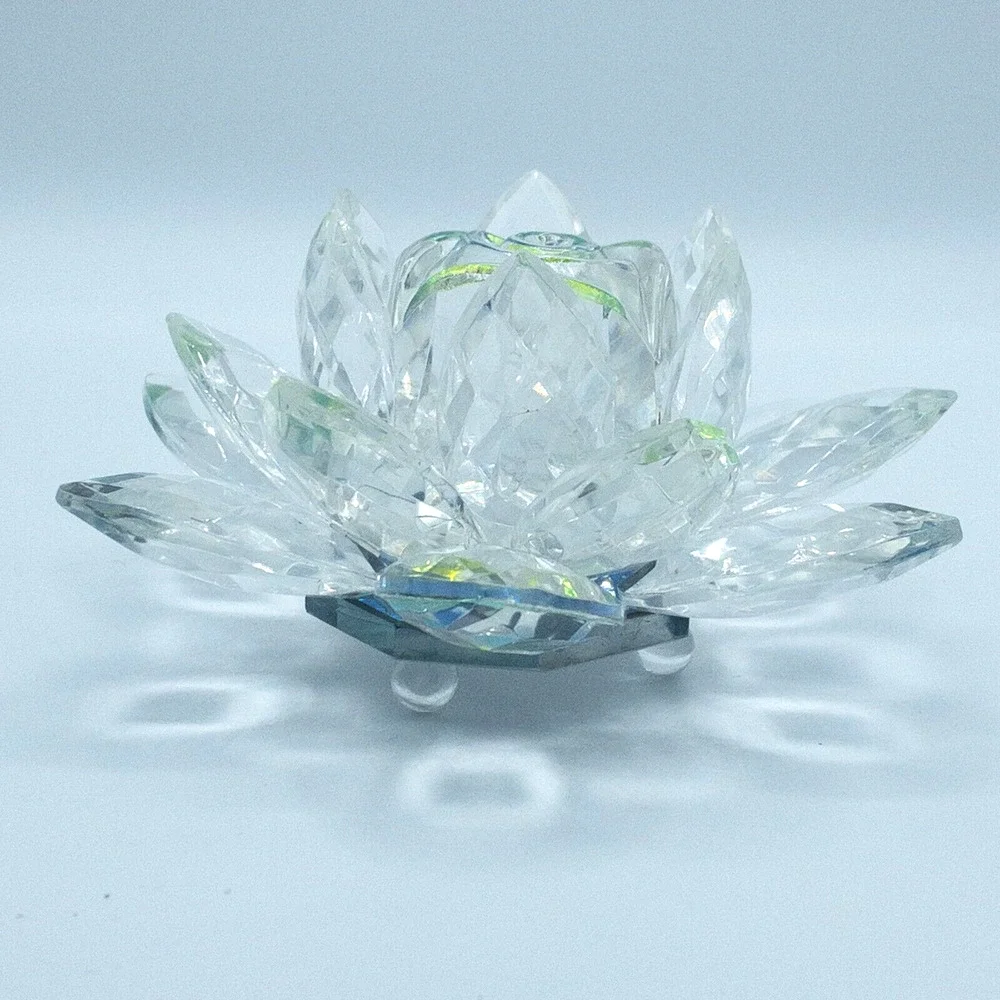 Crystal Lotus Flower Figurine Iridescent Glass Blue Green Decor